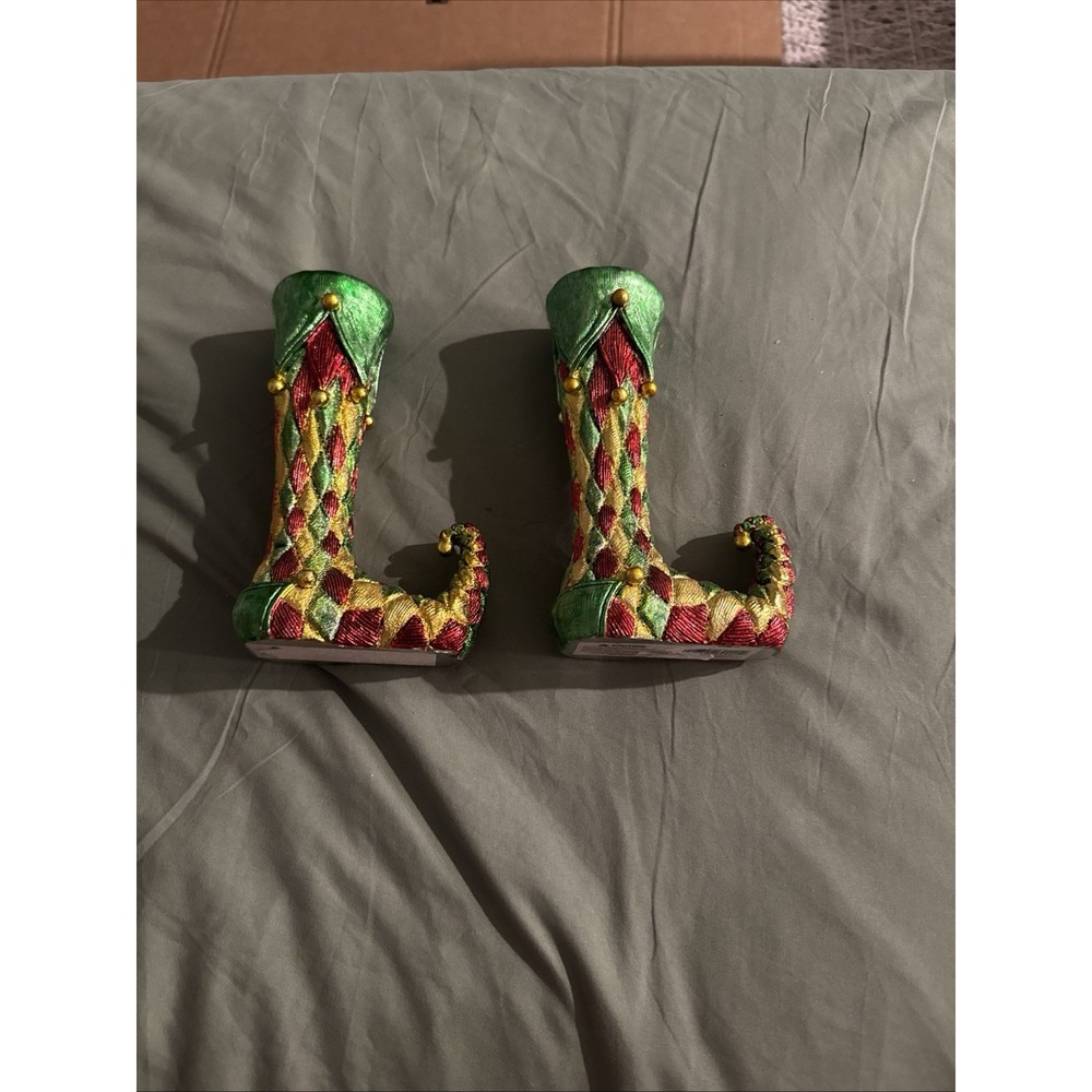 Two Boston Warehouse Elf Shoe Taper Candle Holders 7" Jester Diamond Christmas